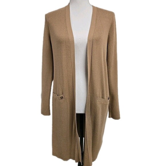Lauren Ralph Lauren Ribbed Long Cardigan Pockets Beige Brown Stretch Women’s M - Picture 2 of 10